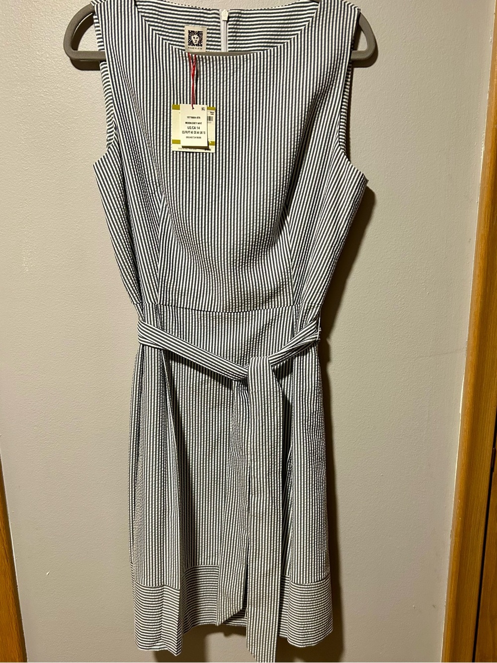Anne Klein NWT Moon Gray Striped Fit & Flare Dress Belted Size 14 Midi - Picture 4 of 5